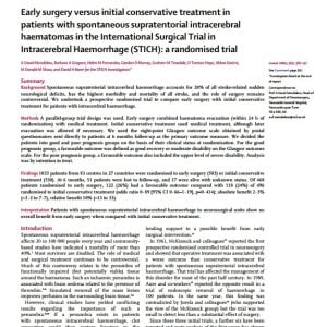 Early surgery versus initial conservative treatment in patients with spontaneous supratentorial intracerebral haematomas in the International Surgical Trial in Intracerebral Haemorrhage (STICH): a randomised trial