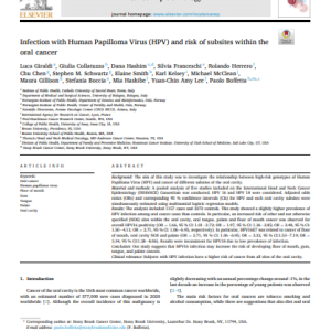 Infection with Human Papilloma Virus (HPV) and risk of subsites within the oral cancer